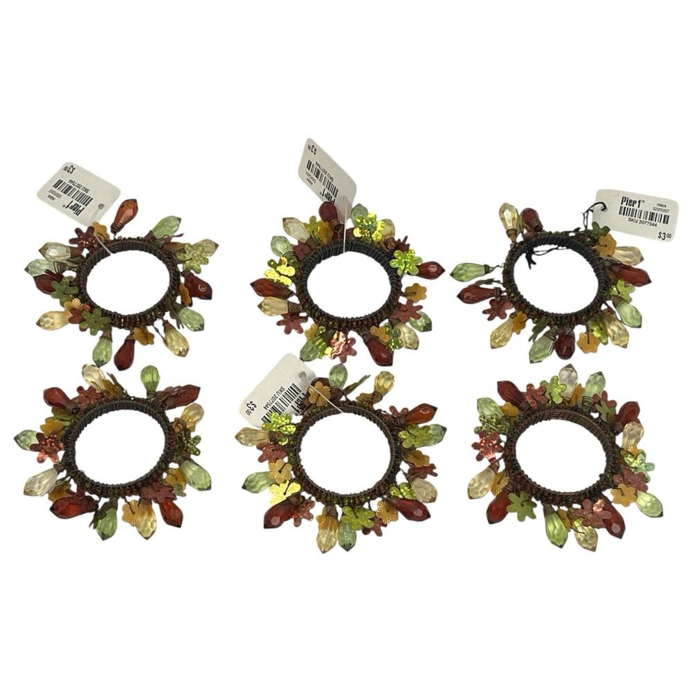 Pier 1 Imports Amber Beaded Napkin Rings Set of 6 Autumn Thanksgiving Floral